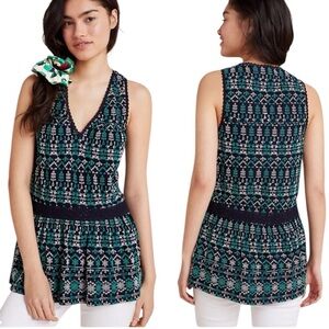 Maeve Blue and Green Smocked Eyelet Lace V Neck Peplum Tank Top Summer Preppy
